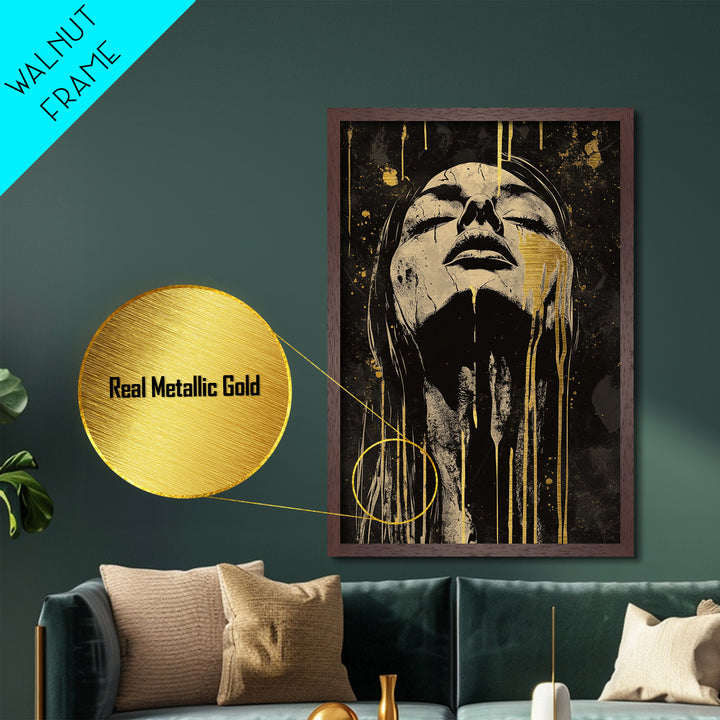 Haunting Metallic Gold Art Creepy Face | Horror Inspired Metal Art | Spooky Gothic Wall Print with Real Wood Frame