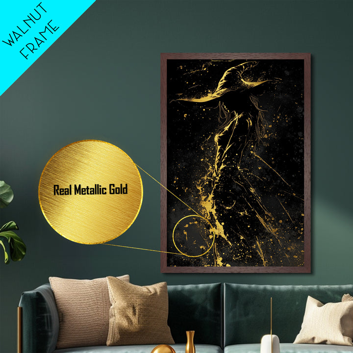 Metal Art Witch Portrait in Metallic Gold | Haunted Spooky Wall Print | Halloween Gothic Decor with Solid Wood Frame