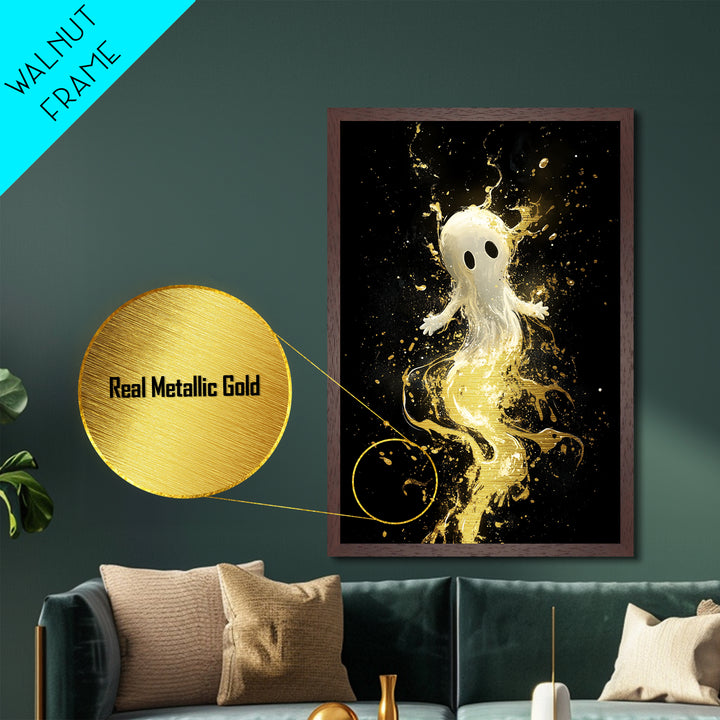 Cute Ghost Floating in Gold Splatter – Metallic Gold Art, Halloween Metal Art Print with Real Wood Frame, Whimsical Spooky Decor