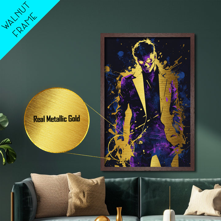 Skeleton Suit Horror Man Metallic Gold Art Metal Art Halloween Wall Decor Spooky Haunted Villain Character in Real Wood Frame