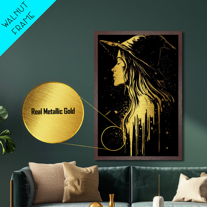Halloween Metallic Gold Art | Witch Silhouette Metal Art | Spooky Haunted Gothic Wall Print in Handcrafted Real Wood Frame