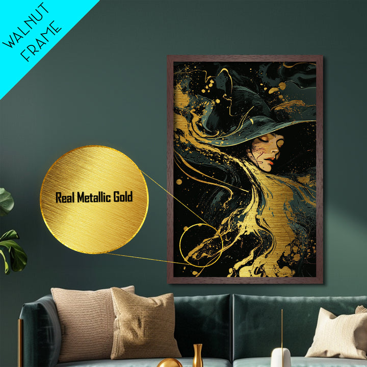 Flowing Witch Metallic Gold Art Wall Hanging, Gothic Spooky Season Metal Art, Halloween Witch Portrait in Wood Frame