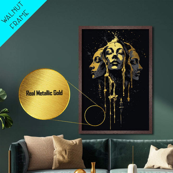 Triple Moon Goddess Metallic Gold Art, Haunted Season Metal Art Print, Spooky Halloween Wall Décor in Real Wood Frame