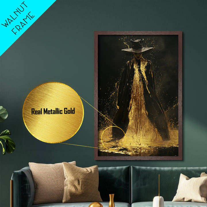 Mystic Witch Metallic Gold Art Wall Print, Gothic Spooky Metal Art, Halloween Enchanted Portrait with Solid Wood Frame