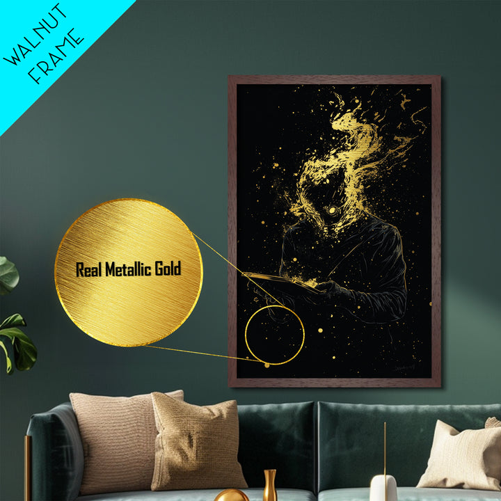 Gothic Witch Metallic Gold Art, Occult Halloween Metal Art Wall Hanging, Spooky Season Print in Real Wooden Frame