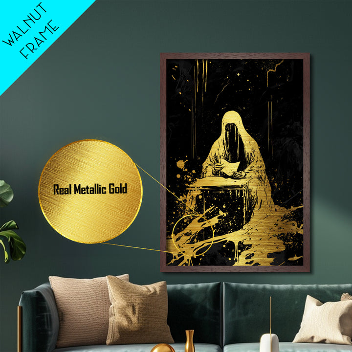 Grim Reaper Reading Gothic Metallic Gold Art Metal Art Creepy Haunted Wall Print with Real Wood Frame for Spooky Season