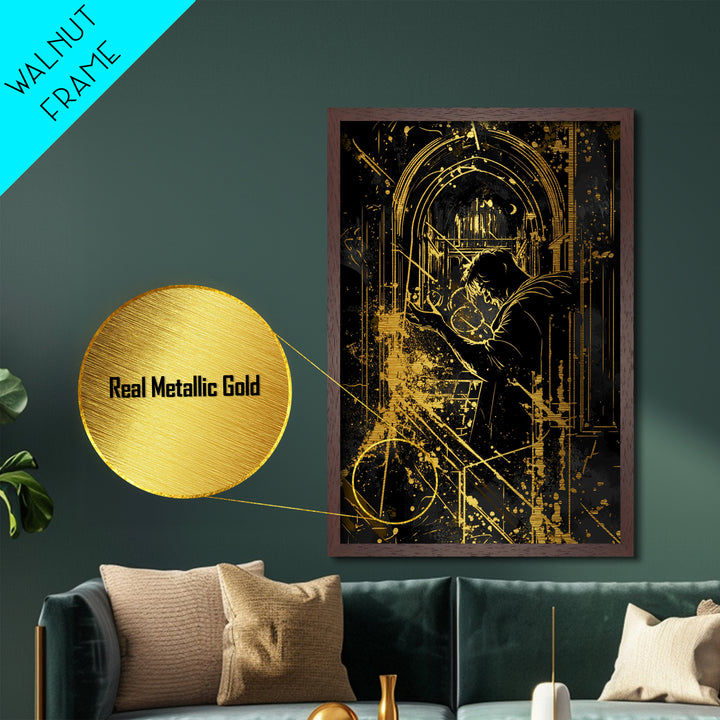 Gothic Cathedral Sorcerer Metallic Gold Art Metal Art Haunted Architecture Halloween Wall Decor with Real Wood Frame