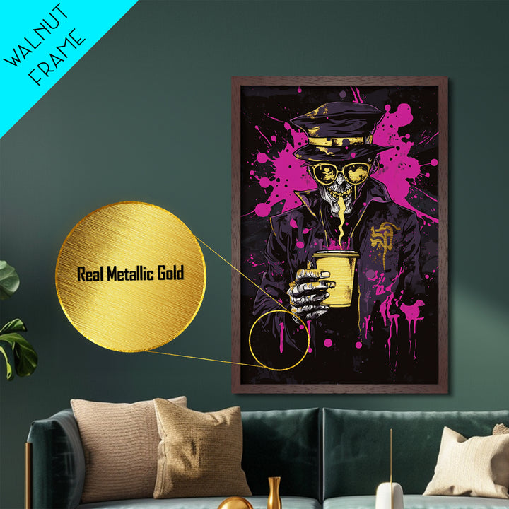 Skeleton Bartender Metallic Gold Art Metal Art Gothic Skull Drinking Print Halloween Spooky Decor with Natural Wood Frame