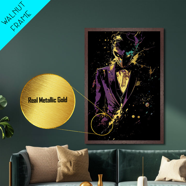 Masked Phantom Metallic Gold Art Metal Art Gothic Mysterious Tuxedo Haunted Portrait Wall Print with Real Wood Frame