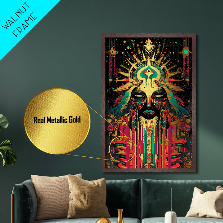 Occult Goddess Metallic Gold Art Metal Art Halloween Spooky Season Wall Art Vibrant Mystical Decor in a Real Wood Frame