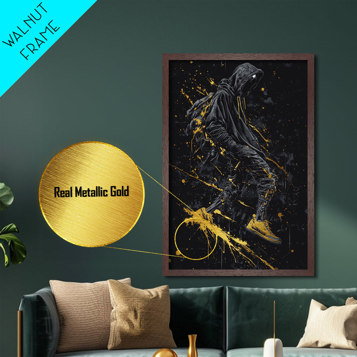 Metallic Gold Art Cyberpunk Hoodie Halloween Wall Decor | Spooky Streetwear Metal Art with Real Wood Frame | Dark Urban Gothic