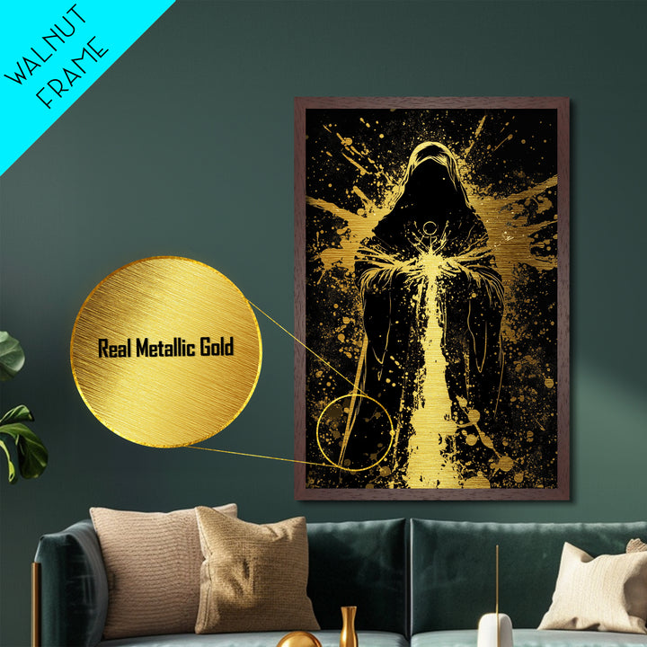 Gothic Reaper Metallic Gold Art | Spooky Halloween Metal Art on Black Canvas | Cloaked Horror Figure Framed in Natural Wood