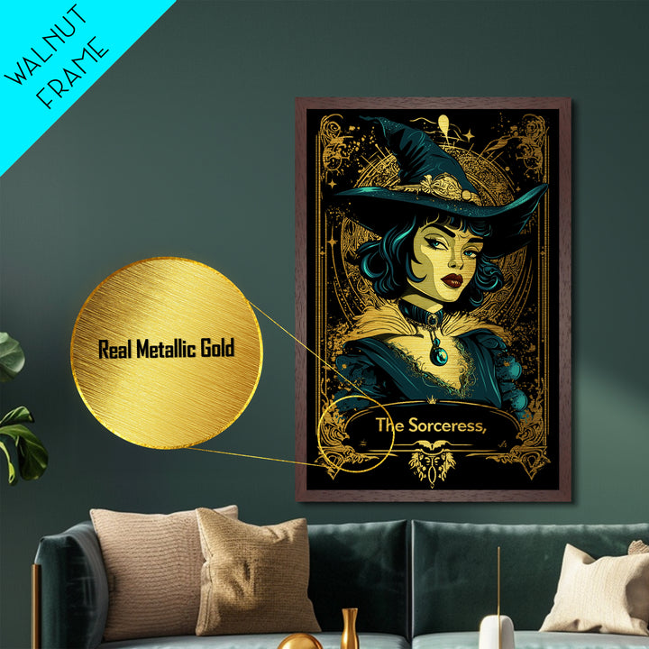 Witchy Portrait Metallic Gold Art | Gothic Sorceress Halloween Metal Art | Enchanted Spellcaster in Real Wood Frame