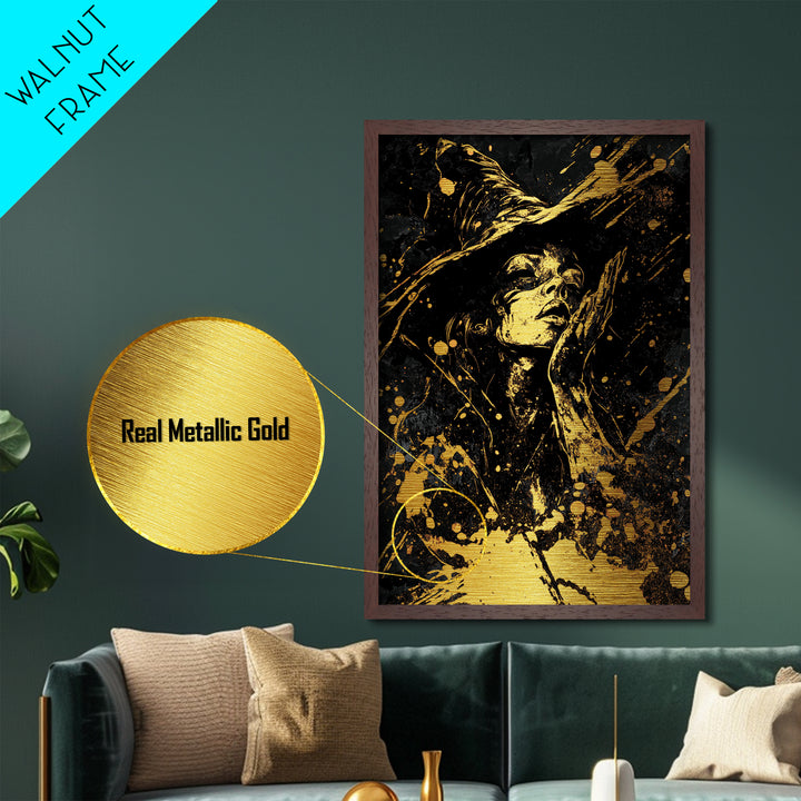 Witch in Shadows Metallic Gold Art | Gothic Halloween Metal Art | Enchanted Sorceress Design Mounted in Real Wood Frame