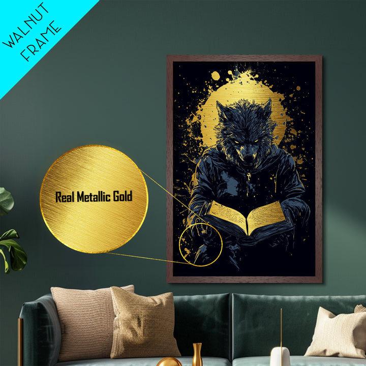 Werewolf Spellbook Metallic Gold Art | Gothic Horror Halloween Metal Art | Full Moon Creature Framed with Real Wood Finish