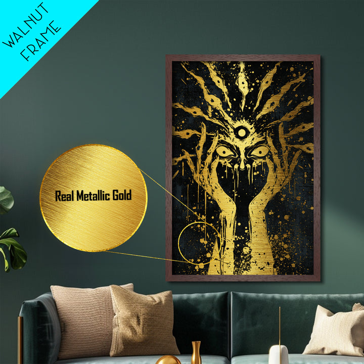 Third Eye Occult Metallic Gold Art | Haunted Horror Halloween Metal Art | Mystical Visionary Witch Framed in Real Wood