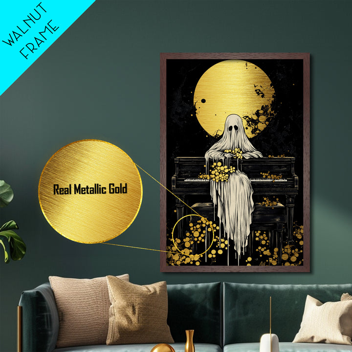 Ghost at Piano Metallic Gold Art | Creepy Gothic Halloween Metal Art | Haunted Spirit Music Scene Framed in Natural Wood