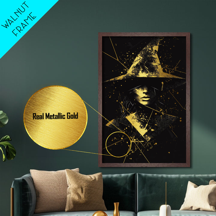 Mystic Witch Metallic Gold Art | Gothic Halloween Metal Art | Witchy Abstract Portrait with Hat Framed in Natural Wood