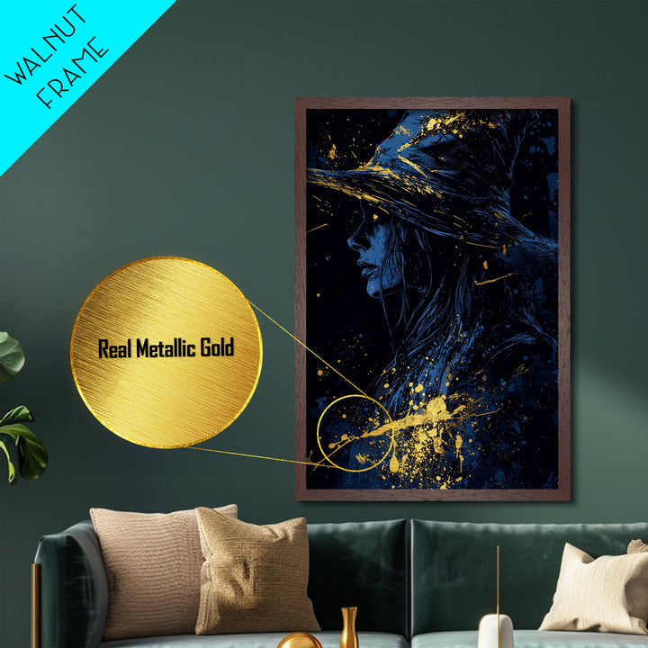 Witchy Woman Halloween Artwork Metallic Gold Art Metal Art in Real Wood Frame Creepy Spooky Gothic Horror Wall Hanging