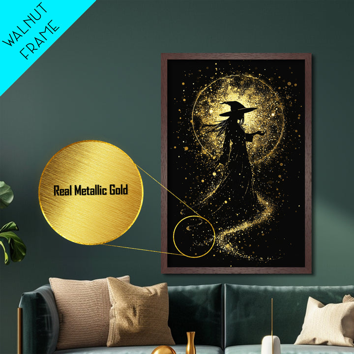 Metal Art Metallic Gold Art Haunted Witch Wall Decor Gothic Halloween Portrait Framed in Authentic Real Wood