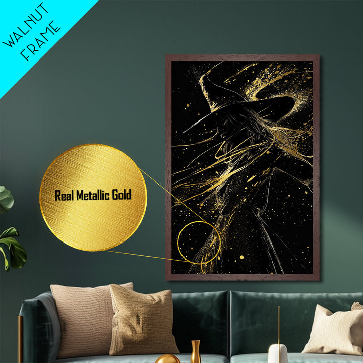 Witch Under Full Moon Metallic Gold Art Metal Art Halloween Spooky Season Silhouette Framed in Natural Real Wood