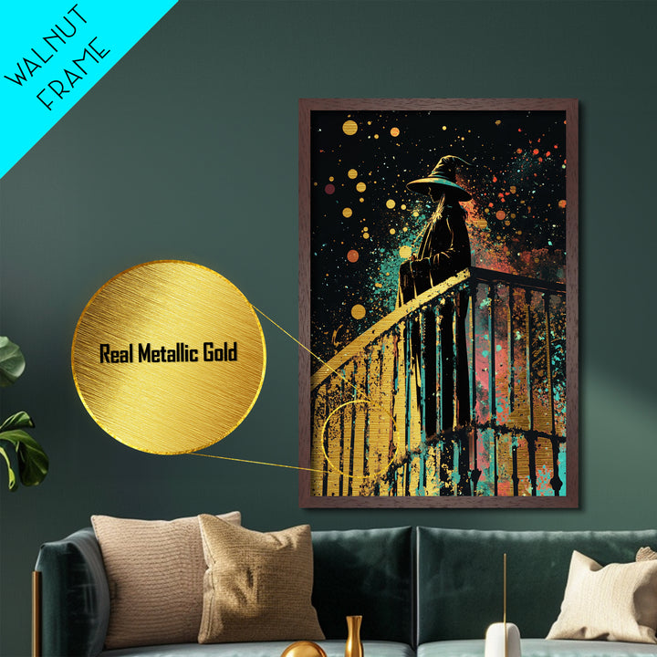 Haunted Staircase Witch Portrait Metallic Gold Art Metal Art Creepy Gothic Halloween Wall Decor in Real Wood Frame