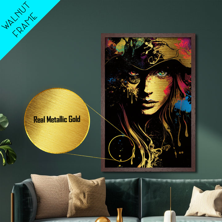 Halloween Horror Witch Face Metallic Gold Art Metal Art Spooky Gothic Haunted Artwork Framed with Natural Wood