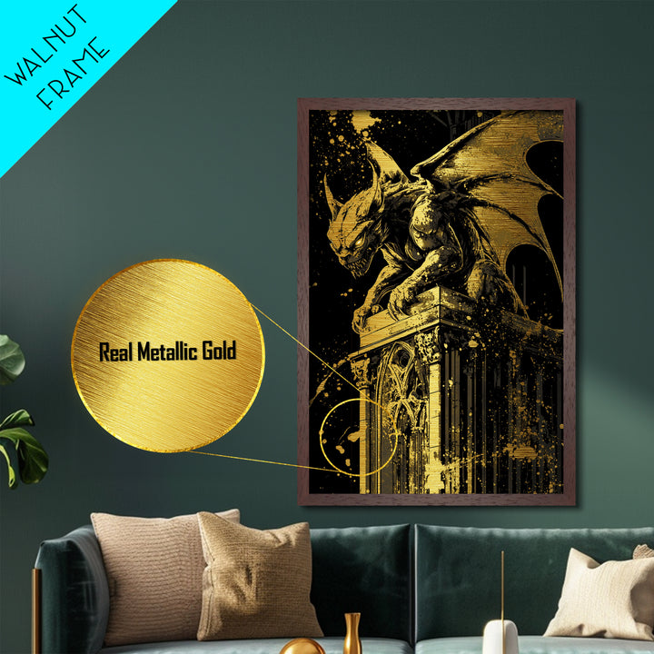 Metallic Gold Art Gargoyle Halloween Wall Art | Gothic Monster Metal Art with Real Wood Frame | Spooky Dark Fantasy Haunted Decor