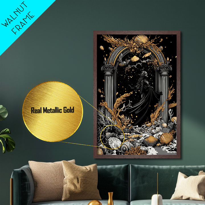 Gothic Arch Witch Metallic Gold Art | Haunted Coral Sea Metal Art | Halloween Wall Décor Framed in Real Wood