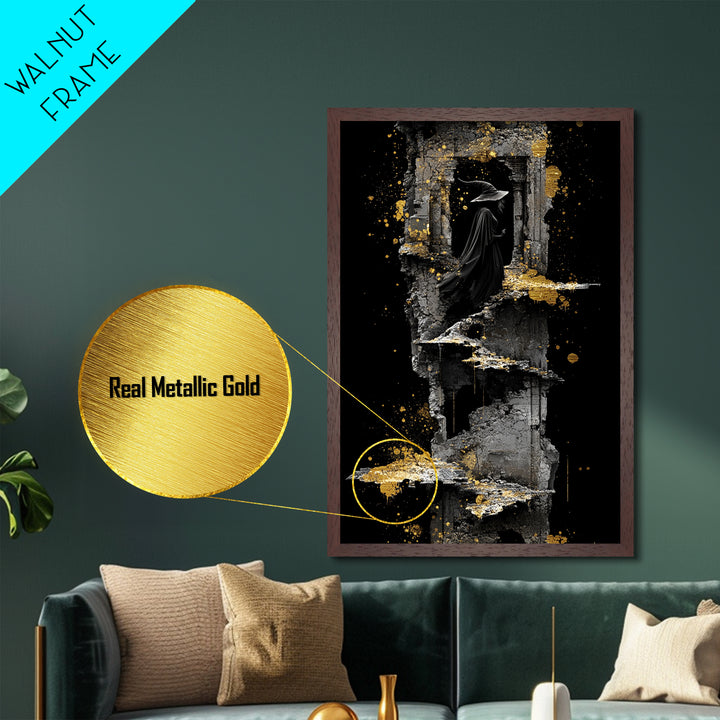 Witch in Ruins Metallic Gold Art | Haunted Staircase Gothic Metal Art | Spooky Halloween Wall Hanging with Real Wood Frame