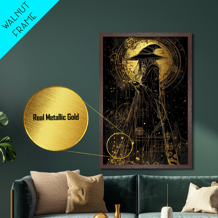 Celestial Witch Metallic Gold Art | Occult Magic Circles Metal Art | Gothic Halloween Wall Print with Real Wood Frame