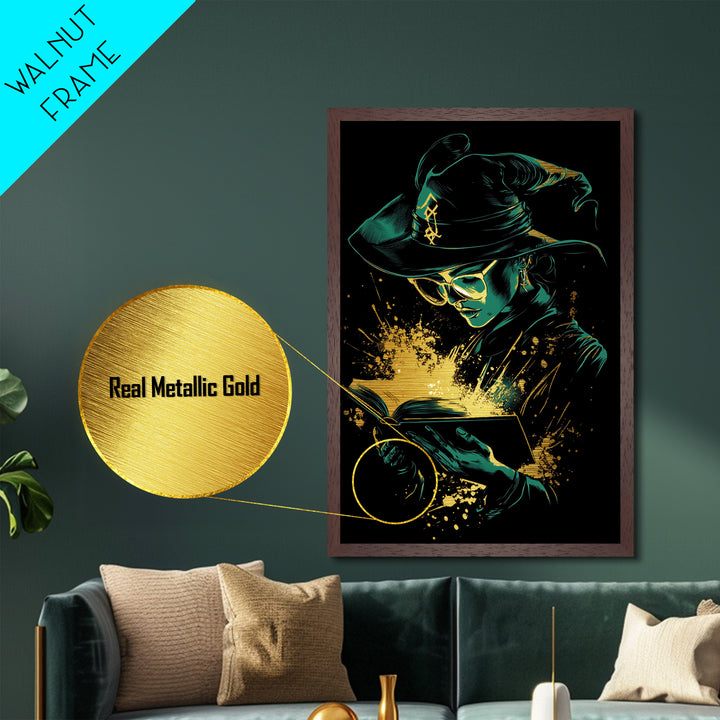 Witch Reading Spellbook Metallic Gold Art | Gothic Sorcery Metal Art | Halloween Wall Décor in Framed Real Wood
