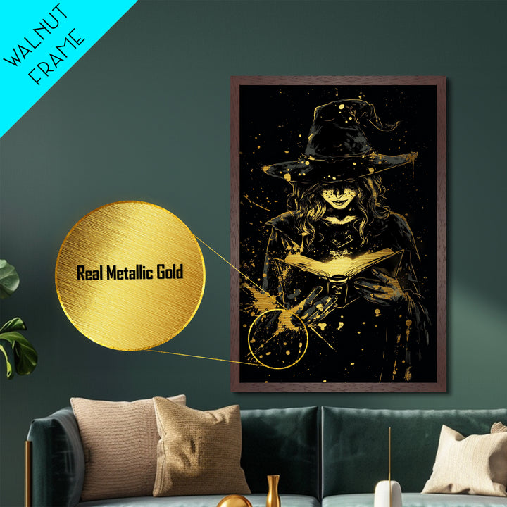 Smiling Witch Spellbook Metallic Gold Art | Haunted Halloween Metal Art | Spooky Gothic Wall Print with Real Wood Frame