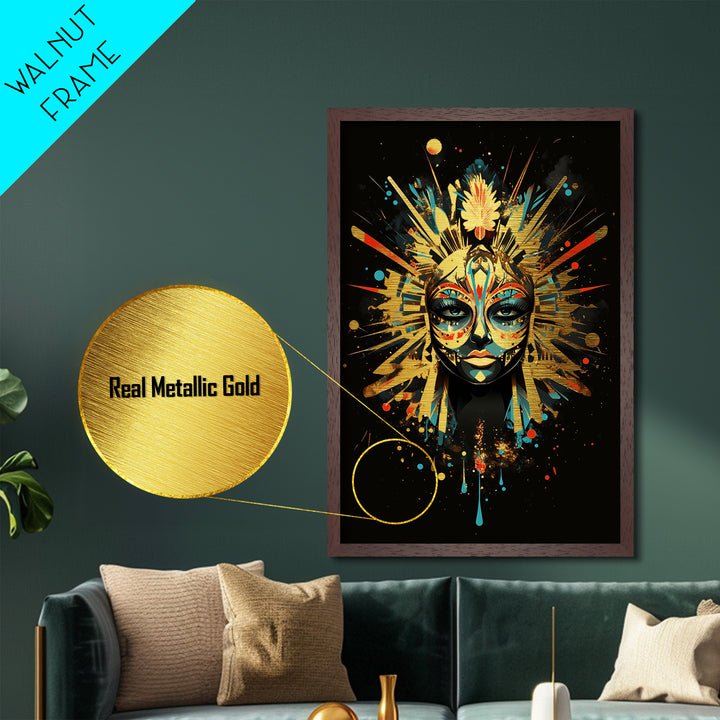 Mystical Mask Metallic Gold Art | Haunted Masquerade Metal Art | Halloween Witchy Wall Décor in Natural Wood Frame