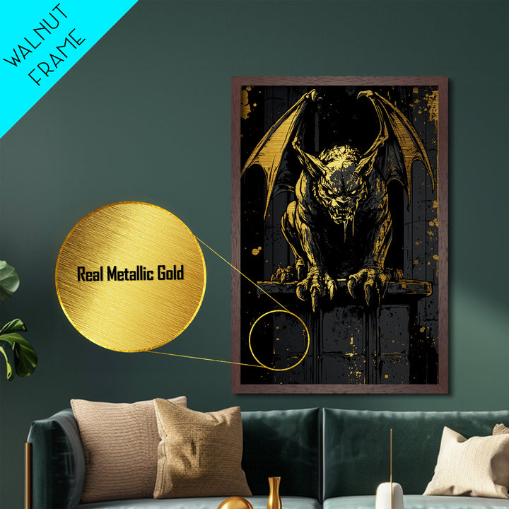 Metallic Gold Art Gargoyle Statue Halloween Wall Decor | Scary Gothic Metal Art with Real Wood Frame | Dark Spooky Haunted Artwork
