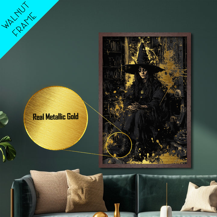 Dark Gothic Witch Metallic Gold Art | Spooky Sorceress Metal Art | Halloween Wall Hanging with Real Wood Frame