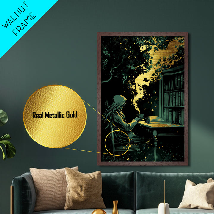Mystical Witch Reading Metallic Gold Art, Spooky Gothic Library Scene Metal Art In Handcrafted Real Wood Frame For Halloween