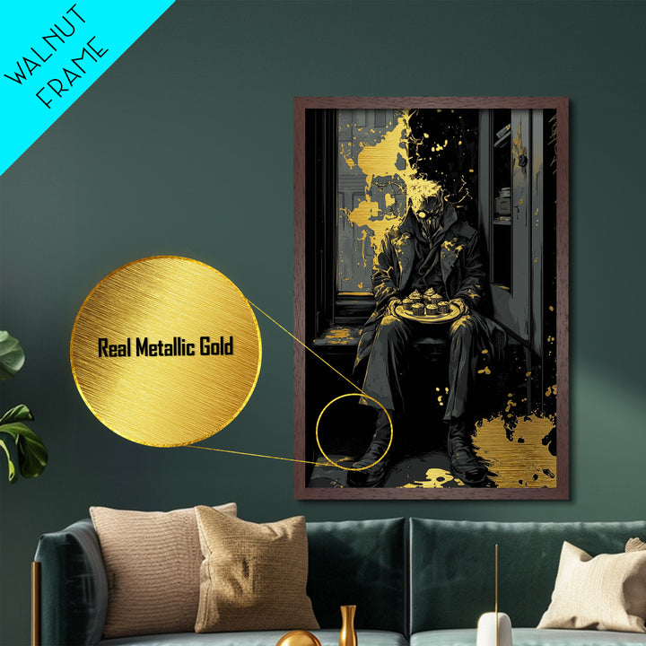 Dark Masked Stranger With Cupcakes Metallic Gold Art, Gothic Horror Metal Art Halloween Accent Framed In Authentic Wood Frame