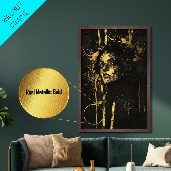 Metallic Gold Art Haunted Woman Portrait Wall Decor | Spooky Gothic Metal Art with Real Wood Frame | Halloween Witchy Dark Aesthetic