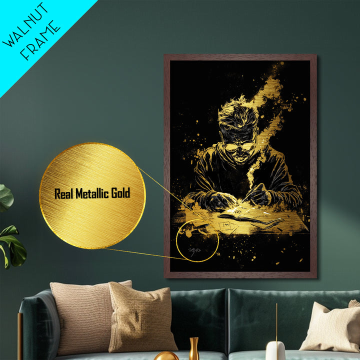 Haunted Writer Metallic Gold Art Metal Art Gothic Spooky Halloween Print with Real Wood Frame for Dark Academia Wall Decor