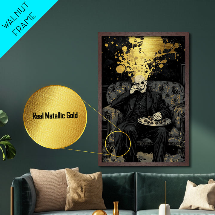 Skeletal Host Metallic Gold Art Metal Art Haunted Gothic Halloween Portrait Print with Wood Frame for Spooky Macabre Decor