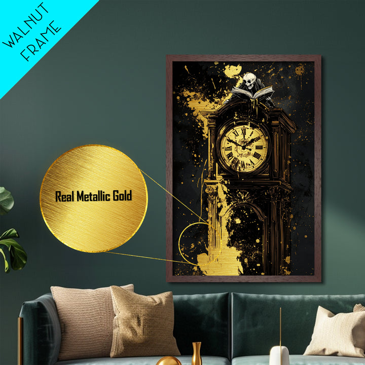 Haunted Grandfather Clock Metallic Gold Art Metal Art Gothic Halloween Decor Framed in Natural Real Wood for Spooky Home