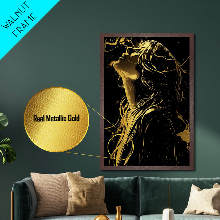 Gold Line Art Witch in Wind – Metallic Gold Art, Halloween Metal Art Print with Real Wood Frame, Stylish Spooky Season Decor
