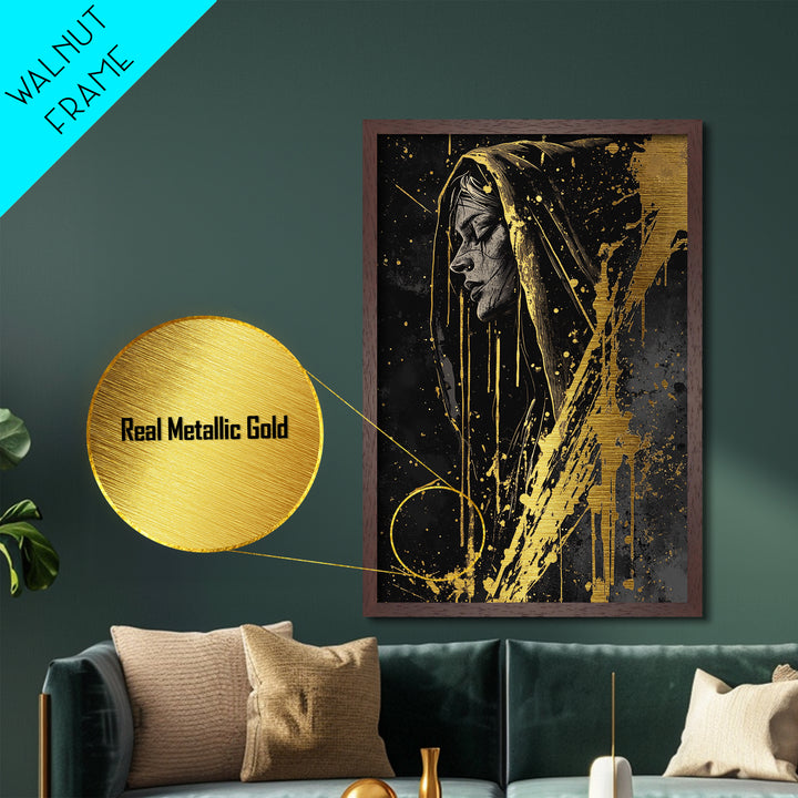 Haunted Hooded Woman Portrait Metallic Gold Art Metal Art, Gothic Halloween Wall Decor Framed in Natural Real Wood