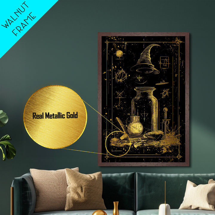 Witch Hat Potion Jar Metallic Gold Art Metal Art, Mystical Spooky Halloween Wall Print in Real Wood Framing