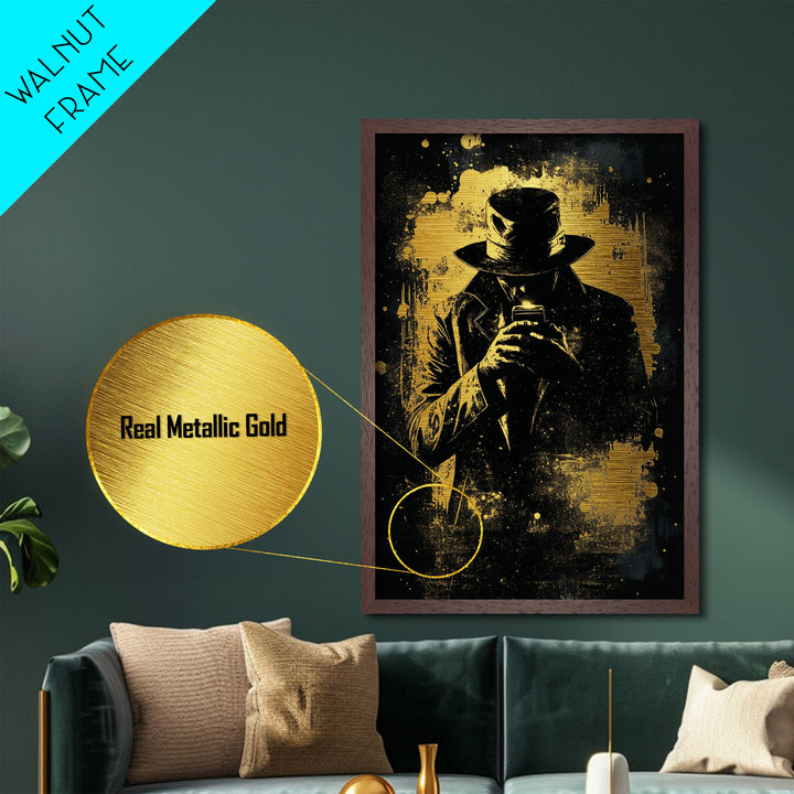 Creepy Hooded Detective Metallic Gold Art Metal Art, Haunted Noir Gothic Wall Art Halloween Style in Real Wood Frame