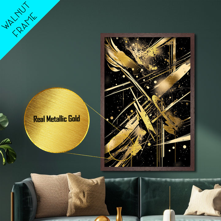 Abstract Haunted Geometry Metallic Gold Art Metal Art, Spooky Halloween Modern Gothic Wall Hanging with Real Wood Frame