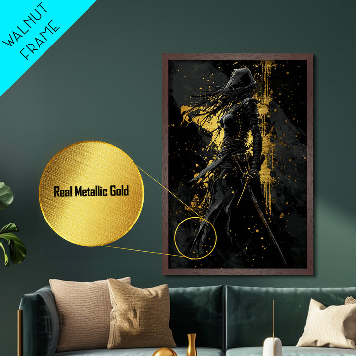 Dark Assassin Silhouette Metallic Gold Art Metal Art, Gothic Spooky Halloween Warrior Decor in a Real Wood Frame