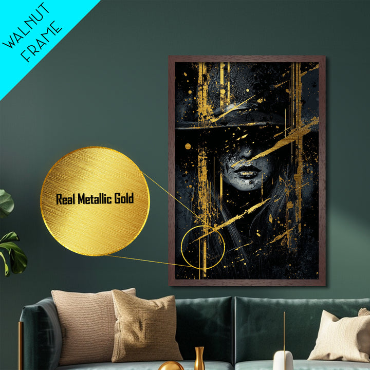 Haunted Witch Metallic Gold Art Metal Art, Gothic Horror Halloween Wall Print with Real Wood Frame Design