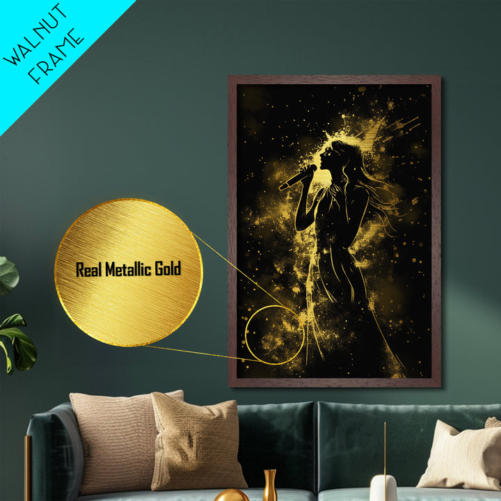 Singer in Starburst Gold Light – Metallic Gold Art, Spooky Halloween Metal Art with Real Wood Frame, Musical Halloween Wall Print